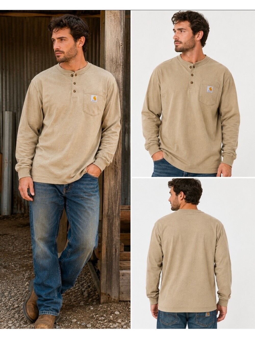 Carhartt K128 Men’s Large Loose Fit Henley Long Sleeve Pocket Shirt Desert Tan
